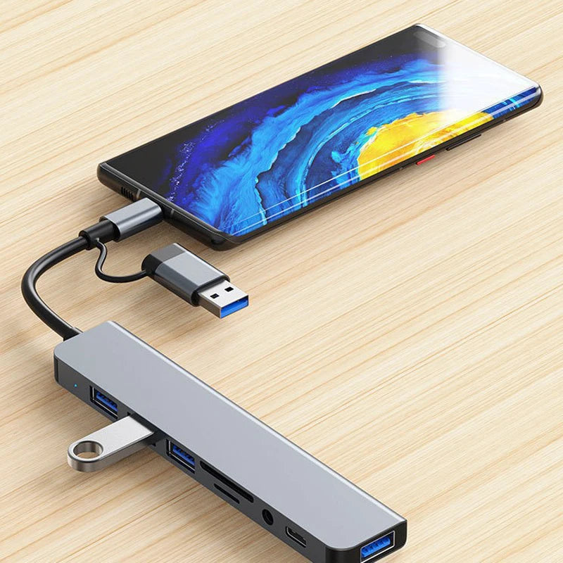 8 in 2 USB +Type C HUB Docking Station with 3.5Mm Audio Jack Adapter Micro SD Card Reader Laptop Tablet Phone Disk Converter
