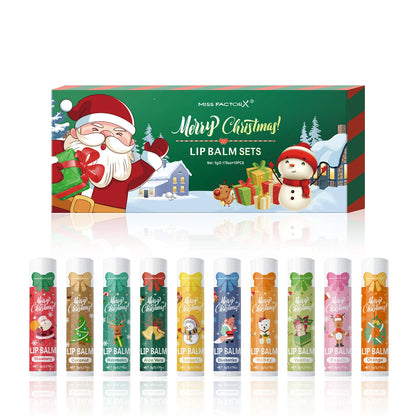 10Pcs/Box Christmas Gift Box, Lip Balm Set, Deeply Hydrating Lip Moisturizer, Lip Color Brighten, Gift to Women