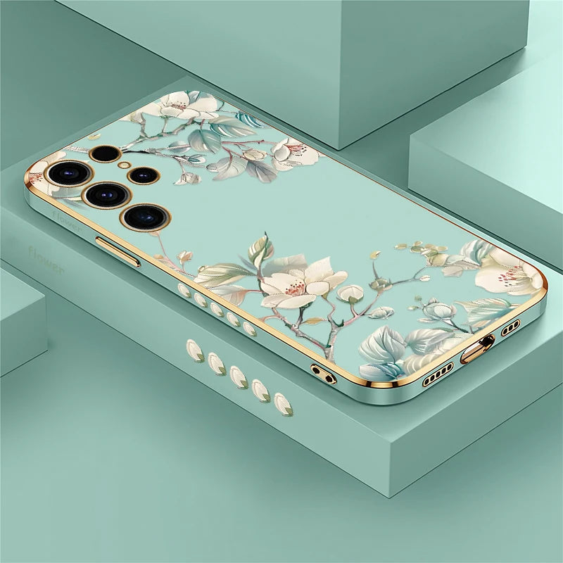Phone Case for Samsung Galaxy S25 Ultra S 25 S24 plus S23 FE S22 Ultra S21 plus Fashion Flower Pattern Silicone Plating Cover