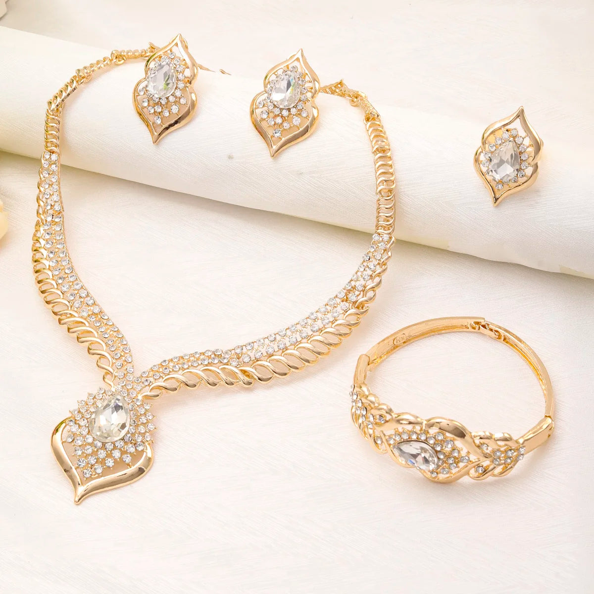 Fashion Dubai Jewelry Sets for Women Gold Color Zircon Necklace Earrings Bracelet Ring Wedding Bridal Party Accessories