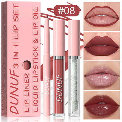 3Pc Rose Pink Matte Lipstick Set Waterproof Long-Lasting Nude Brown Lip Liner Pencil Lip Gloss Cheek Lip Tint Oil Kit for Makeup