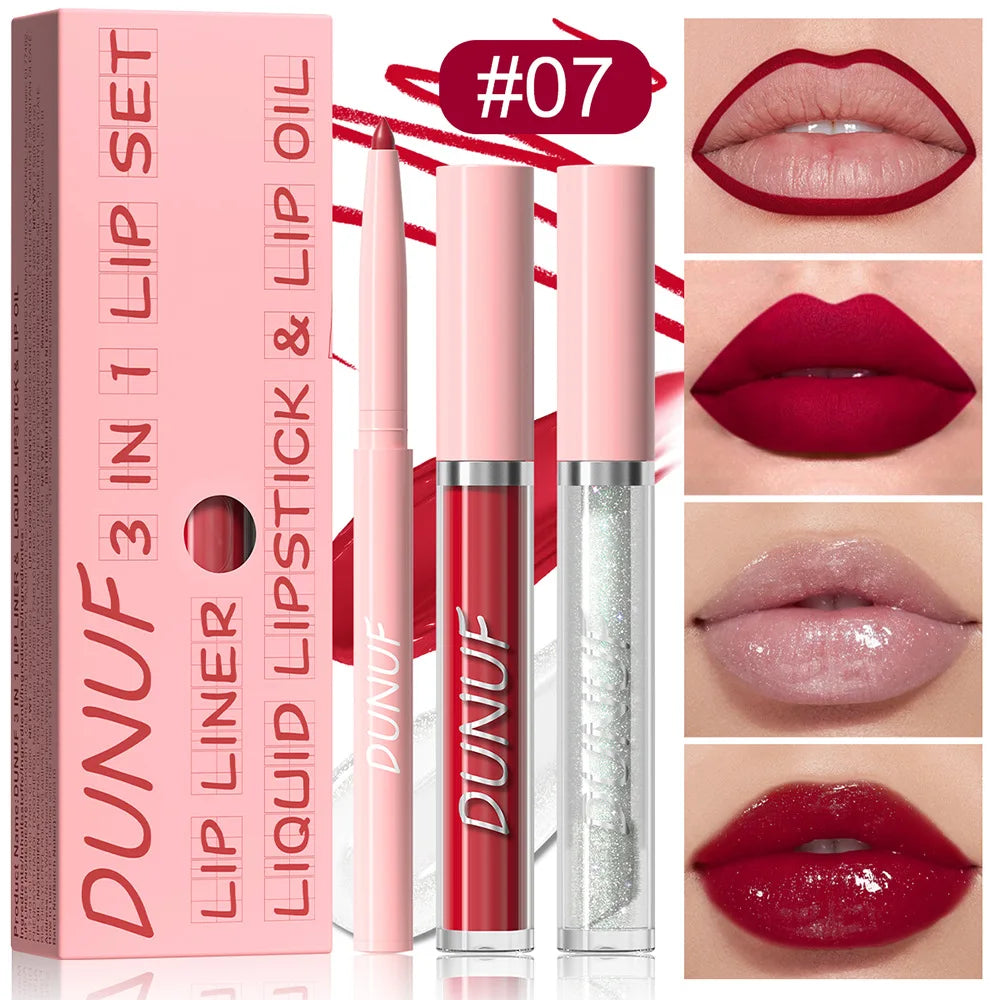 3Pc Rose Pink Matte Lipstick Set Waterproof Long-Lasting Nude Brown Lip Liner Pencil Lip Gloss Cheek Lip Tint Oil Kit for Makeup