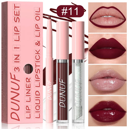 3Pc Rose Pink Matte Lipstick Set Waterproof Long-Lasting Nude Brown Lip Liner Pencil Lip Gloss Cheek Lip Tint Oil Kit for Makeup