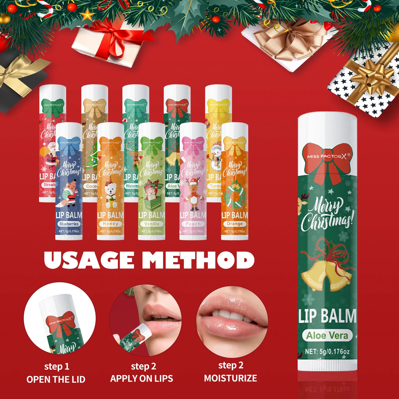 10Pcs/Box Christmas Gift Box, Lip Balm Set, Deeply Hydrating Lip Moisturizer, Lip Color Brighten, Gift to Women