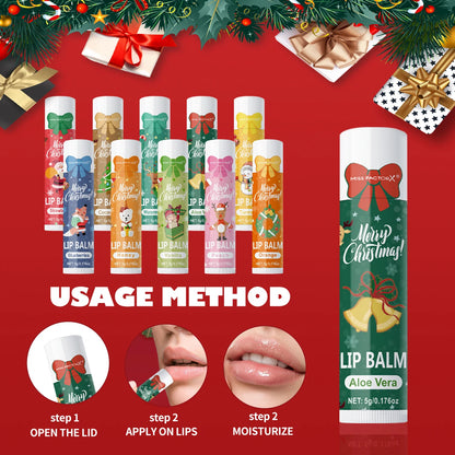 10Pcs/Box Christmas Gift Box, Lip Balm Set, Deeply Hydrating Lip Moisturizer, Lip Color Brighten, Gift to Women
