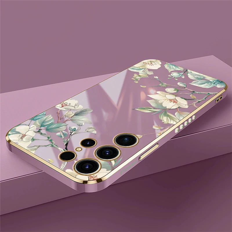 Phone Case for Samsung Galaxy S25 Ultra S 25 S24 plus S23 FE S22 Ultra S21 plus Fashion Flower Pattern Silicone Plating Cover