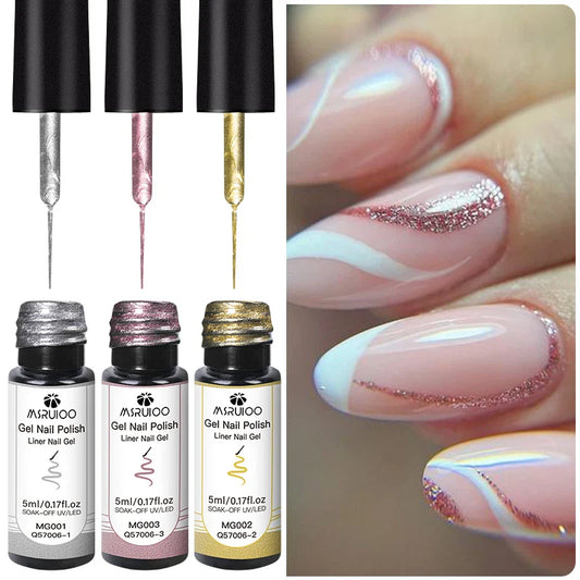 3Pc Glitter Liner Nail Gel Polish Set Silver Gold DIY Nail Art Semi Permanent Painting Gel Kit Long Lasting Soak off UV Vanrish