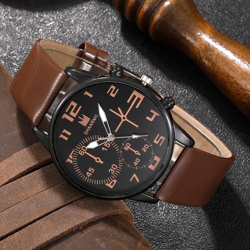 5PCS Set Fashion Mens Sports Bracelet Watches for Men Retro Big Dial Quartz Wrist Watch Classic Male Casual Brown Leather Watch