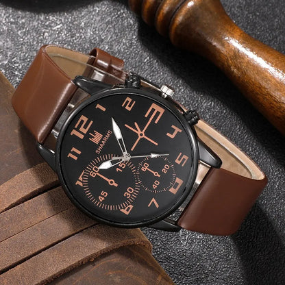 5PCS Set Fashion Mens Sports Bracelet Watches for Men Retro Big Dial Quartz Wrist Watch Classic Male Casual Brown Leather Watch