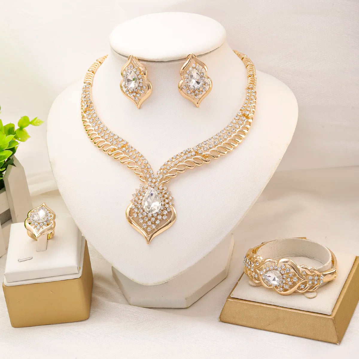 Fashion Dubai Jewelry Sets for Women Gold Color Zircon Necklace Earrings Bracelet Ring Wedding Bridal Party Accessories