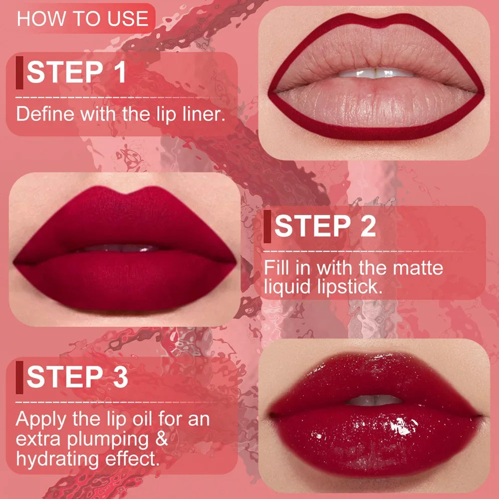 3Pc Rose Pink Matte Lipstick Set Waterproof Long-Lasting Nude Brown Lip Liner Pencil Lip Gloss Cheek Lip Tint Oil Kit for Makeup