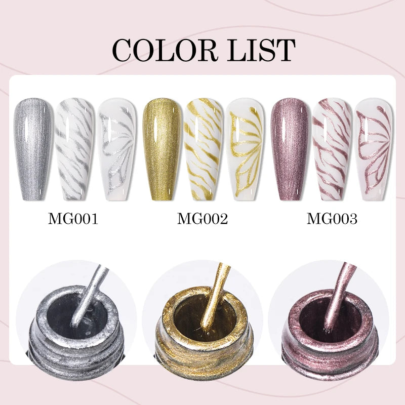 3Pc Glitter Liner Nail Gel Polish Set Silver Gold DIY Nail Art Semi Permanent Painting Gel Kit Long Lasting Soak off UV Vanrish