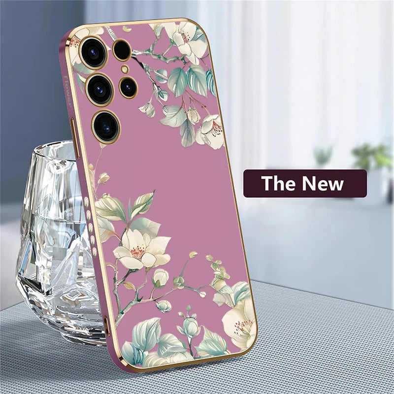 Phone Case for Samsung Galaxy S25 Ultra S 25 S24 plus S23 FE S22 Ultra S21 plus Fashion Flower Pattern Silicone Plating Cover