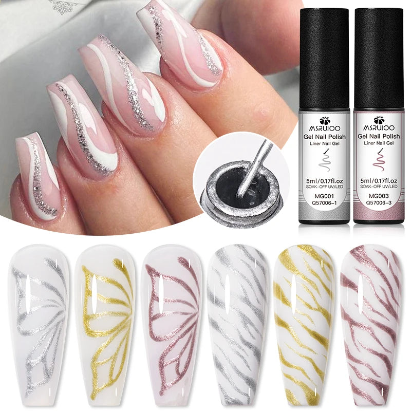 3Pc Glitter Liner Nail Gel Polish Set Silver Gold DIY Nail Art Semi Permanent Painting Gel Kit Long Lasting Soak off UV Vanrish