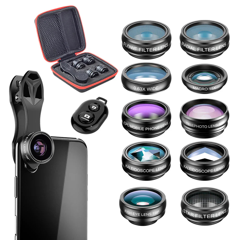 APEXEL Phone Lens Kit Universal 10 in 1 Fisheye Wide Angle Macro Lens CPL Filter Kaleidoscope+2X Telescope Lens for Smartphone
