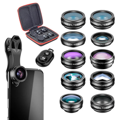 APEXEL Phone Lens Kit Universal 10 in 1 Fisheye Wide Angle Macro Lens CPL Filter Kaleidoscope+2X Telescope Lens for Smartphone