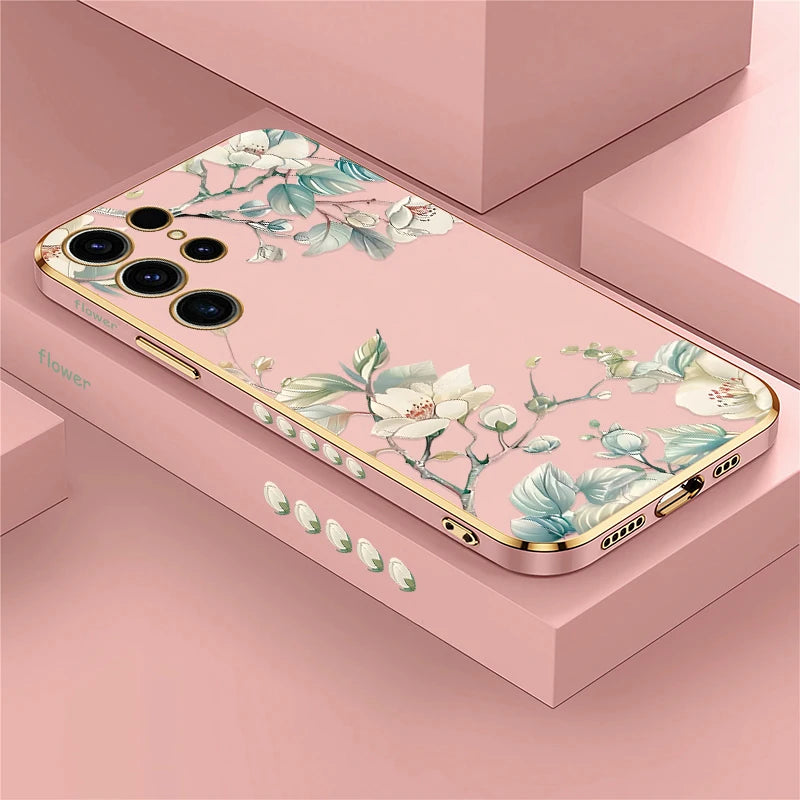 Phone Case for Samsung Galaxy S25 Ultra S 25 S24 plus S23 FE S22 Ultra S21 plus Fashion Flower Pattern Silicone Plating Cover
