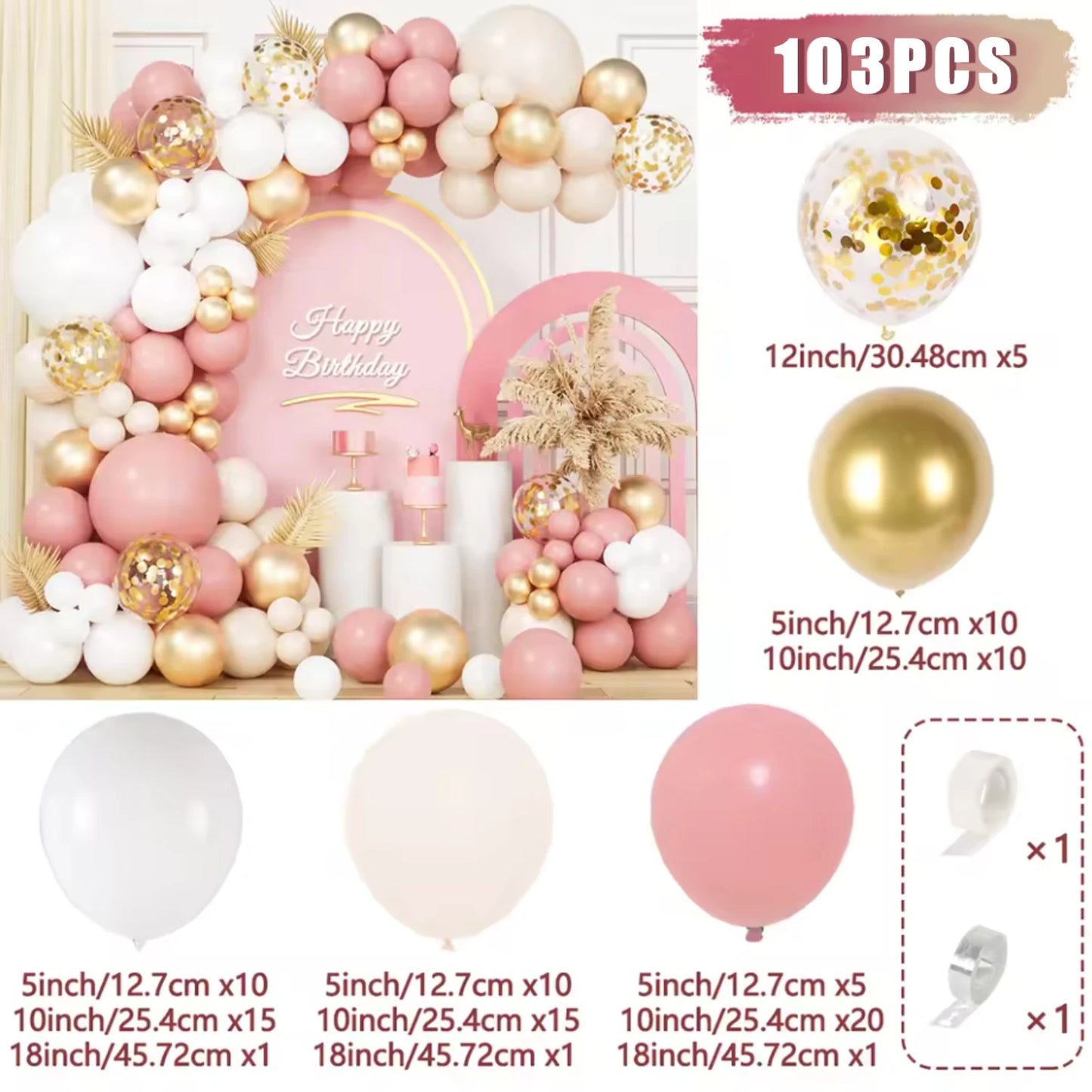 103Pcs Retro Pink White Gold Balloons Garland Arch Kit Birthday Party Decoration Kids Baby Shower Wedding Party Supplies Letax B