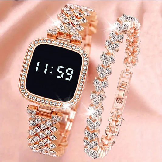 Women Digital Watch Set FREE Bracelet Square LED Ladies Watch Alloy Student Girl Touch Fashion Electronic Women'S Watch