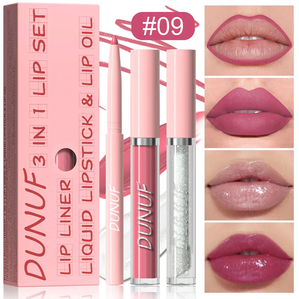 3Pc Rose Pink Matte Lipstick Set Waterproof Long-Lasting Nude Brown Lip Liner Pencil Lip Gloss Cheek Lip Tint Oil Kit for Makeup