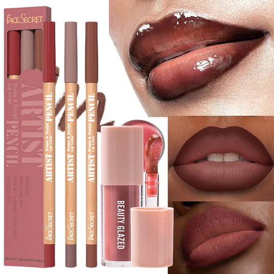 FACE SECRET 4Pcs/Set,Moisturizing Fresh Lightweight Plumping Lip Gloss with Brown Lipliner Set Non-Sticky Liquid Lipstick Makeup