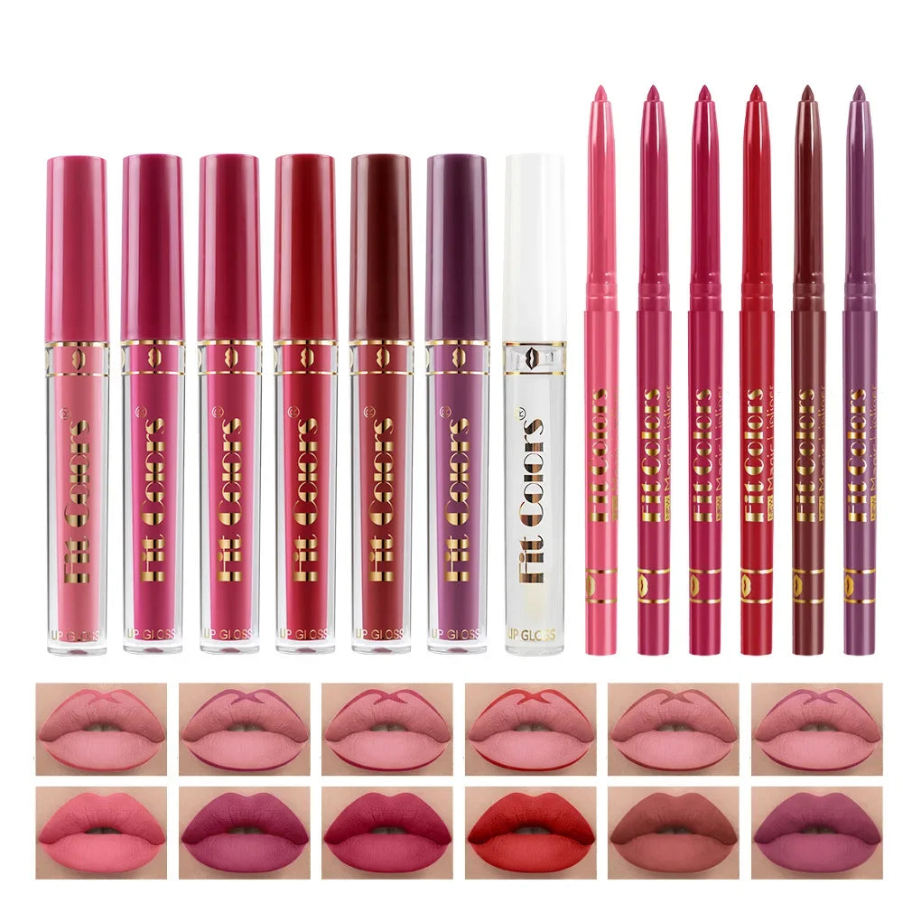 7Pcs Lipgloss 6Pcs Lip Liner Pencil Set Matte Non-Stick Cup Hook Lip Makeup Set Waterproof Long Lasting Lip Glaze
