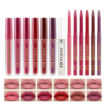 7Pcs Lipgloss 6Pcs Lip Liner Pencil Set Matte Non-Stick Cup Hook Lip Makeup Set Waterproof Long Lasting Lip Glaze