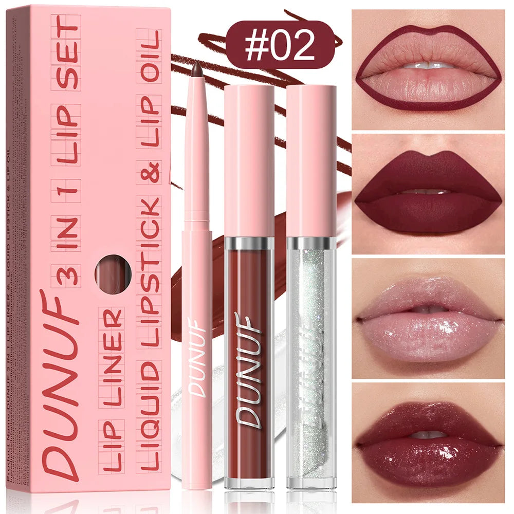 3Pc Rose Pink Matte Lipstick Set Waterproof Long-Lasting Nude Brown Lip Liner Pencil Lip Gloss Cheek Lip Tint Oil Kit for Makeup