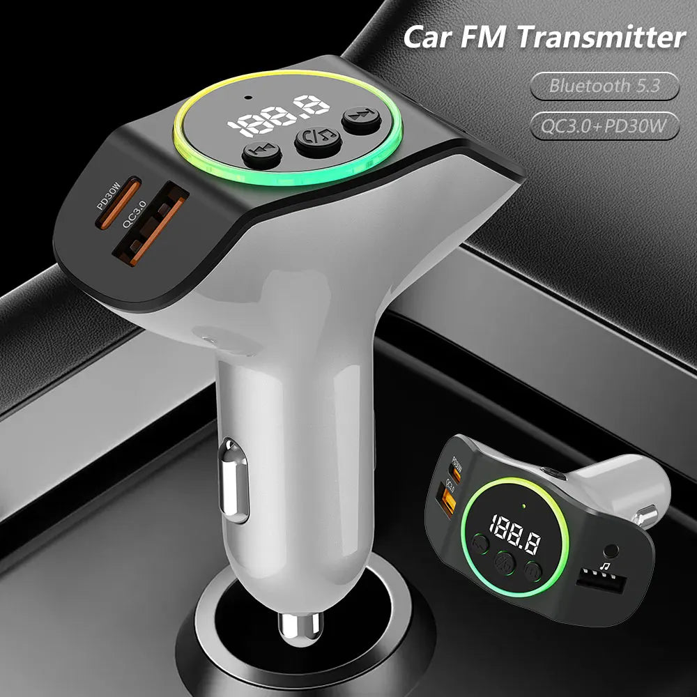 PD30W+QC3.0 Bluetooth 5.3 Car MP3 Player FM Transmitter Wireless Handsfree U Disk Play Music USB Type-C Car Fast Charger Adapter