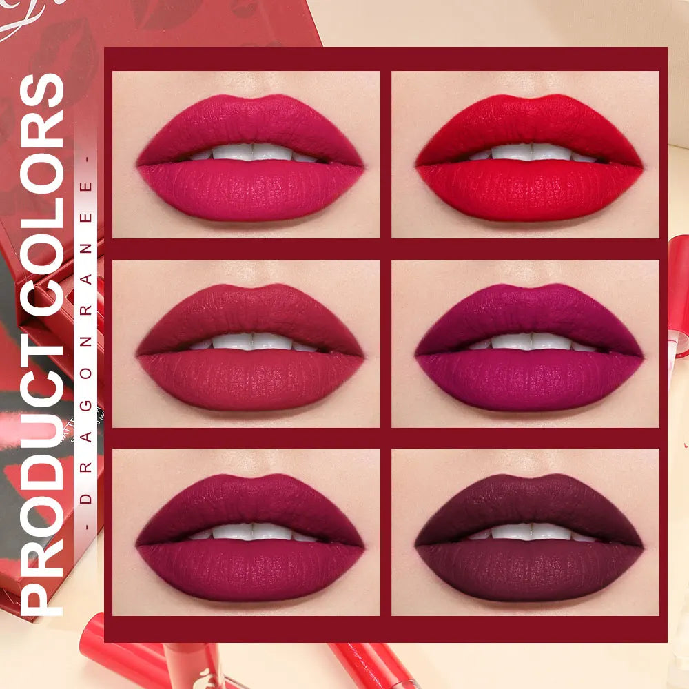 6 Lip Glaze Lip Gloss Set Velvet Matte Matte Lip Glaze Waterproof and Sweat-Proof Lipstick Non-Stick Cup Matte Lipstick Holiday Gift Set