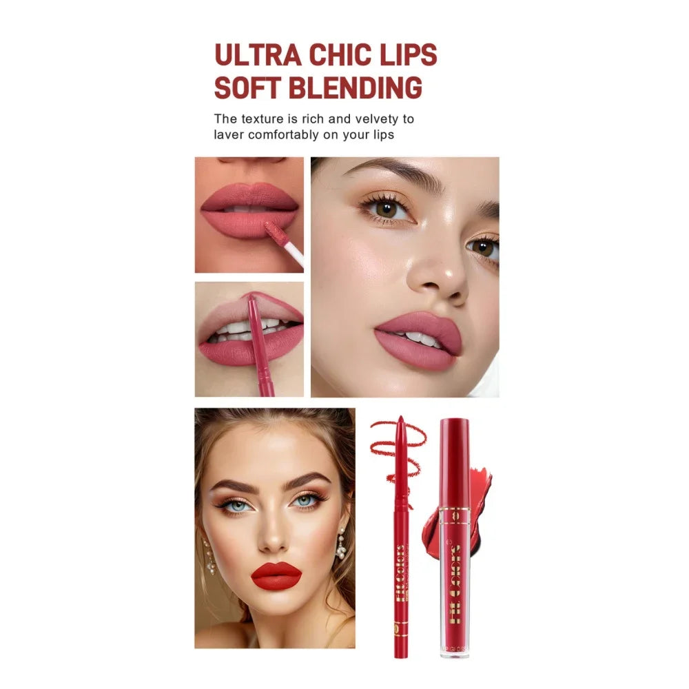 7Pcs Lipgloss 6Pcs Lip Liner Pencil Set Matte Non-Stick Cup Hook Lip Makeup Set Waterproof Long Lasting Lip Glaze