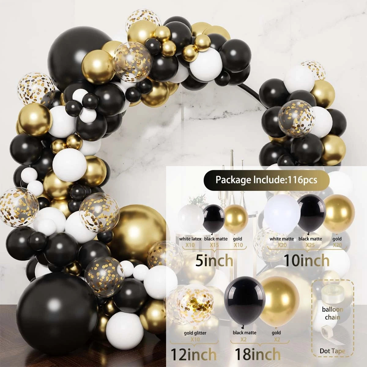 Black and Gold Balloon Garland Arch Set,Suitable for Decorating Graduation Parties,Weddings,Birthday Parties and Other Occasions