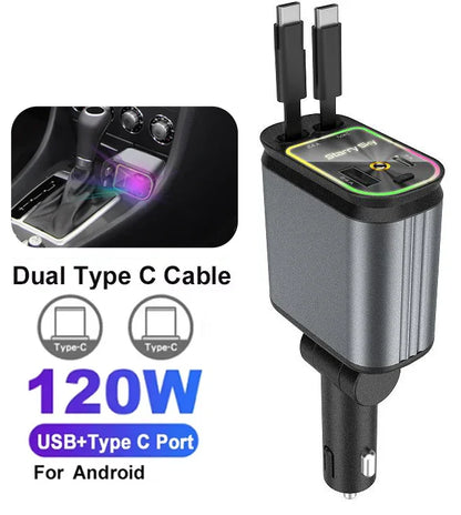 120W Super Fast Car Charger with 2 Scalable Cables & 2 Charge Ports,Roof Starlight,Voltage PD 30W Fast Charging for IOS Android