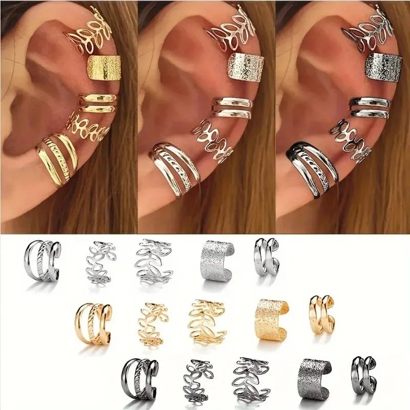 5/15 Pcs Set of Hollow Leaf Design Clip on Earrings, Zinc Alloy Jewelry Simple Punk Style Personality Female Ear Decor