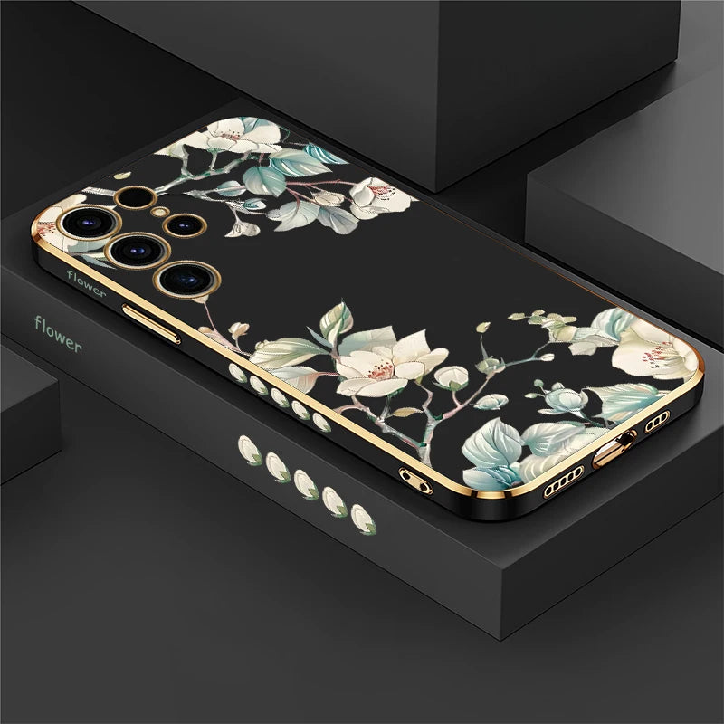 Phone Case for Samsung Galaxy S25 Ultra S 25 S24 plus S23 FE S22 Ultra S21 plus Fashion Flower Pattern Silicone Plating Cover