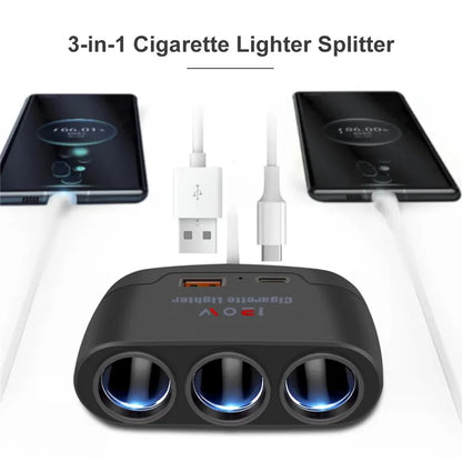 3 in 1 USB Type C Socket 120W Car Cigarette Lighter Splitter 12V 24V Fast Charger Phone Power Adapter for Car DVR GPS Dashcam