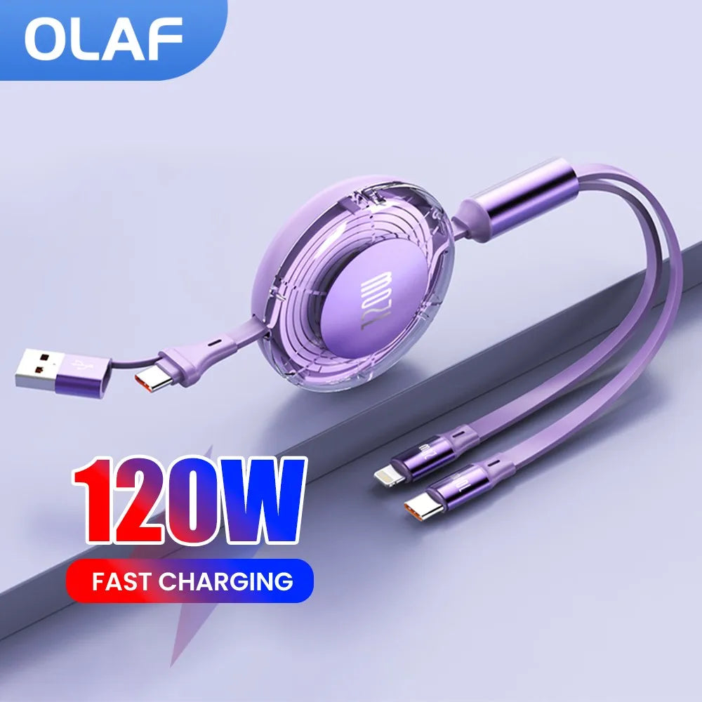 Olaf 120W Retractable USB C Cable Fast Charging USB A/Type C to Type C /IOS Cable for Iphone 15 14 13 Pro Max Huawei Xiaomi