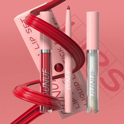 3Pc Rose Pink Matte Lipstick Set Waterproof Long-Lasting Nude Brown Lip Liner Pencil Lip Gloss Cheek Lip Tint Oil Kit for Makeup