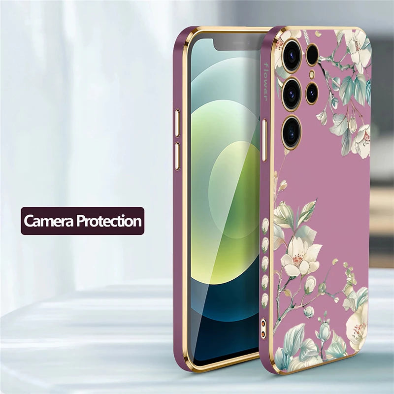 Phone Case for Samsung Galaxy S25 Ultra S 25 S24 plus S23 FE S22 Ultra S21 plus Fashion Flower Pattern Silicone Plating Cover
