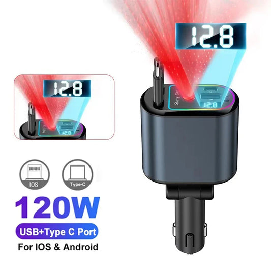 120W Super Fast Car Charger with 2 Scalable Cables & 2 Charge Ports,Roof Starlight,Voltage PD 30W Fast Charging for IOS Android