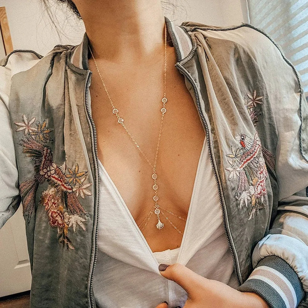 Women Body Chain Metal Scallop Pendant Rhinestone Multilayer Body Waist Chain Shiny Sexy Chest Bra Chain Beach Bikini Necklace