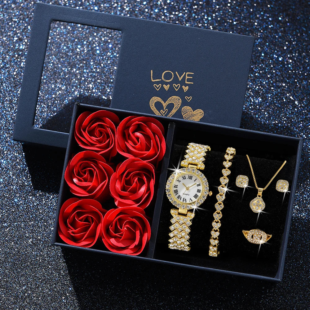 Fashion Luxury Women Gold Watch Bracelet Necklace 6Pcs Set Ladies Diamond Quartz Wristwatch Valentine'S Day Mother'S Day Gift
