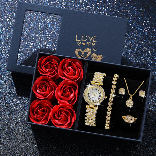 Fashion Luxury Women Gold Watch Bracelet Necklace 6Pcs Set Ladies Diamond Quartz Wristwatch Valentine'S Day Mother'S Day Gift
