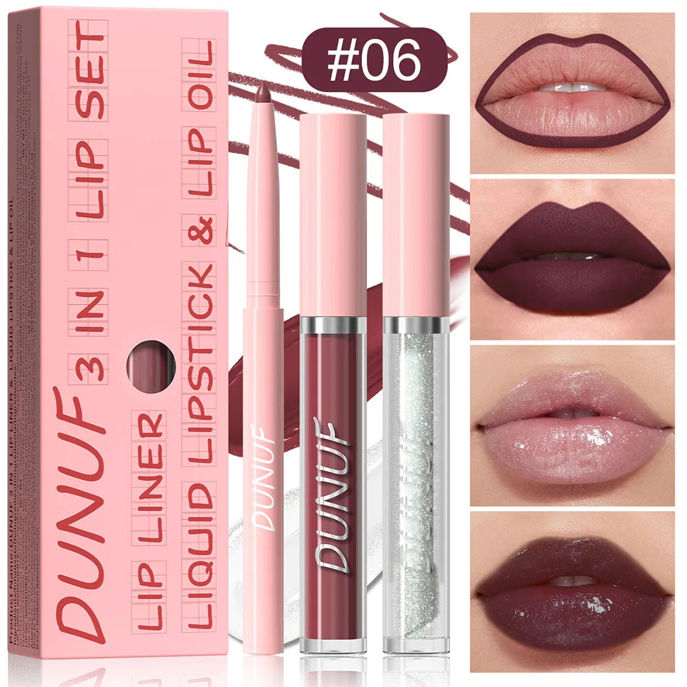 3Pc Rose Pink Matte Lipstick Set Waterproof Long-Lasting Nude Brown Lip Liner Pencil Lip Gloss Cheek Lip Tint Oil Kit for Makeup