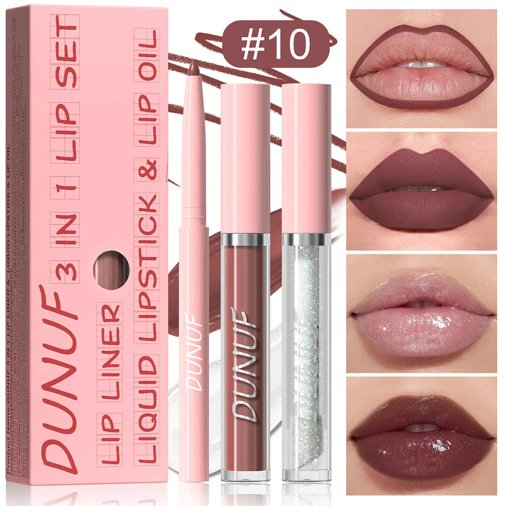 3Pc Rose Pink Matte Lipstick Set Waterproof Long-Lasting Nude Brown Lip Liner Pencil Lip Gloss Cheek Lip Tint Oil Kit for Makeup