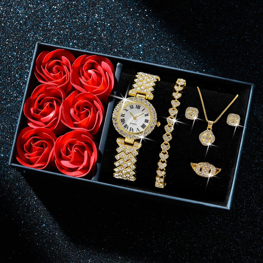 Fashion Luxury Women Gold Watch Bracelet Necklace 6Pcs Set Ladies Diamond Quartz Wristwatch Valentine'S Day Mother'S Day Gift
