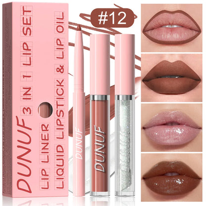 3Pc Rose Pink Matte Lipstick Set Waterproof Long-Lasting Nude Brown Lip Liner Pencil Lip Gloss Cheek Lip Tint Oil Kit for Makeup