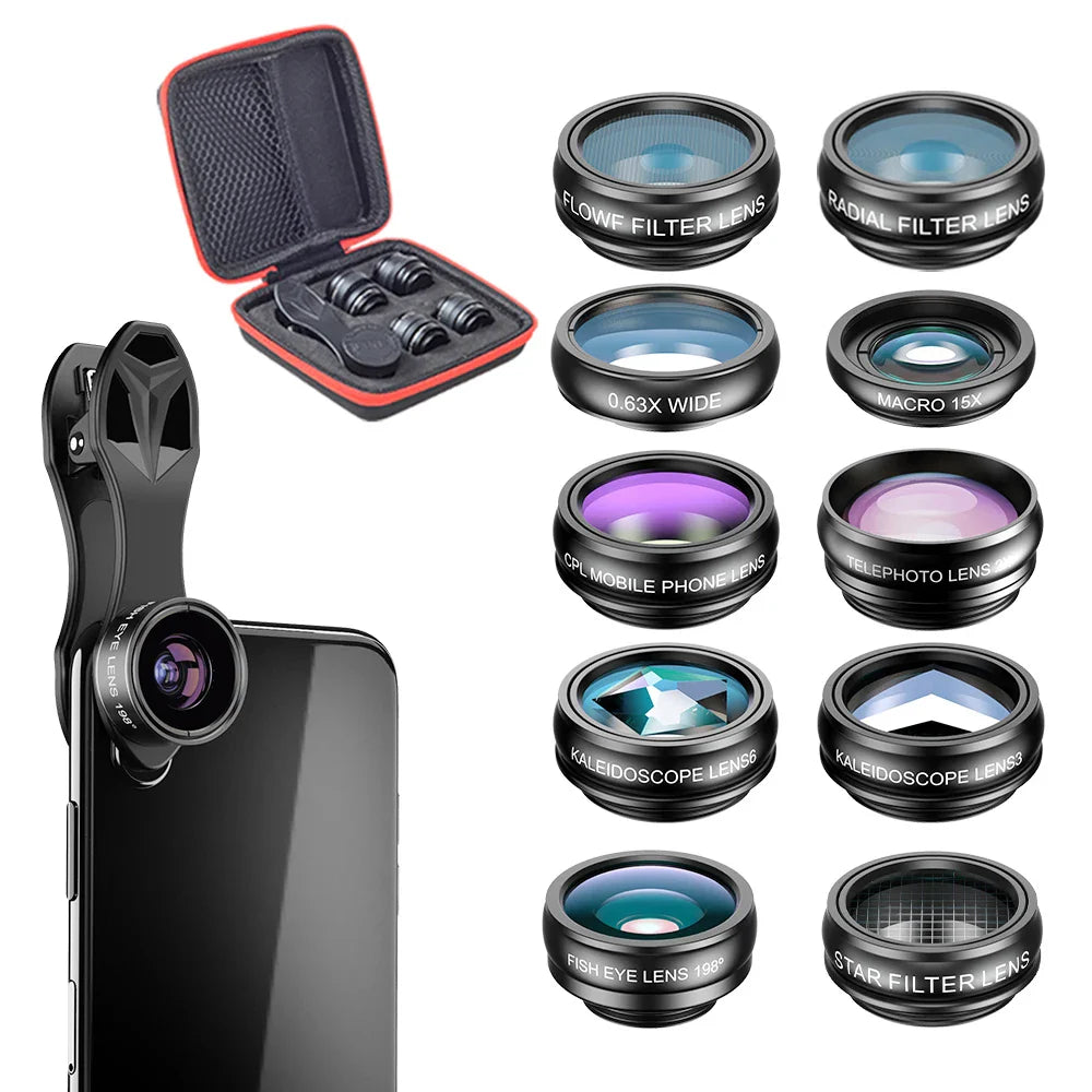APEXEL Phone Lens Kit Universal 10 in 1 Fisheye Wide Angle Macro Lens CPL Filter Kaleidoscope+2X Telescope Lens for Smartphone