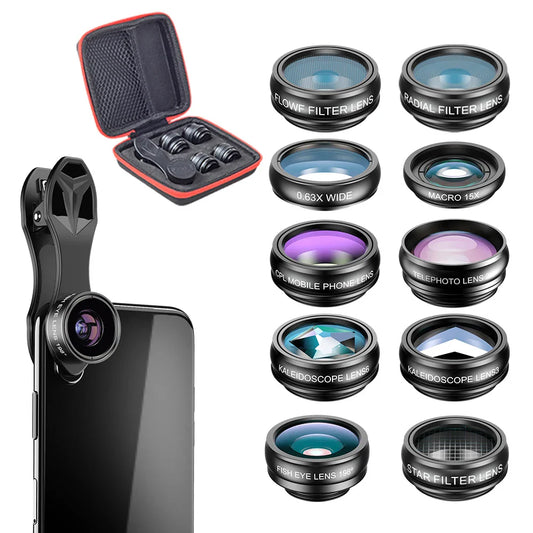 APEXEL Phone Lens Kit Universal 10 in 1 Fisheye Wide Angle Macro Lens CPL Filter Kaleidoscope+2X Telescope Lens for Smartphone