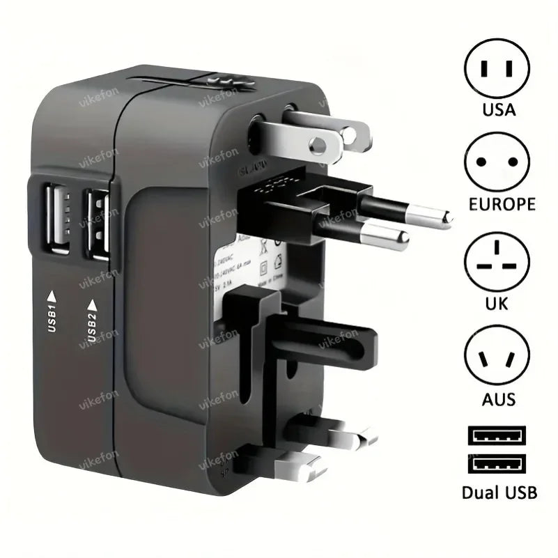 Foldable All-In-One Universal Travel Adapter EU UK US AU Power Charger Adapter Outlet Converter Socket with Dual USB 2.1A Port